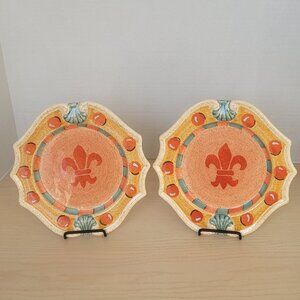 Horchow Medici Ceramic Hand Painted Fleur De Lis Salad Plate 9.25" Set of 2